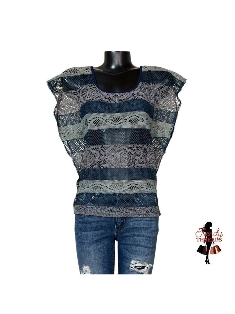 6Degrees VINTAGE Y2K Blue Gray Lace Top Open Back Flutter Sleeves Medium Shirt